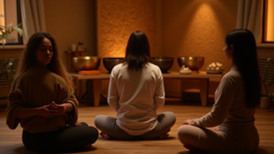 A small, intimate group of people meditating or practicing mindfulness in a beautifully decorated studio with sound instruments like singing bowls and chimes.